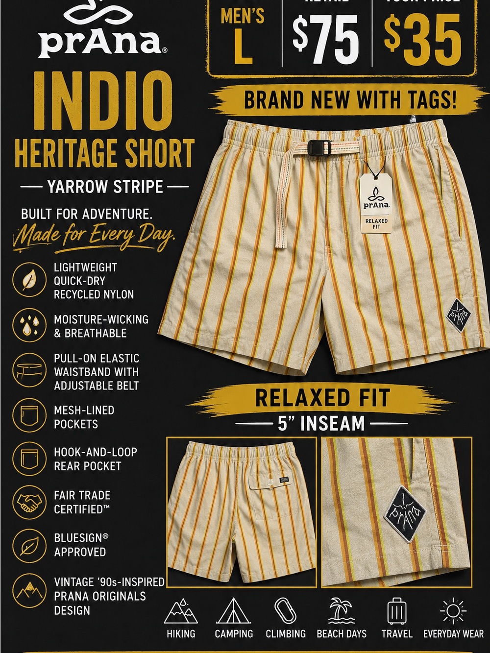 Prana Indio Heritage Men’s Relaxed Fit Shorts - Beige with Yellow Stripes